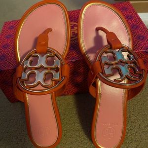 Tory Burch Millers, orange and pink, gold hardware, size 9.